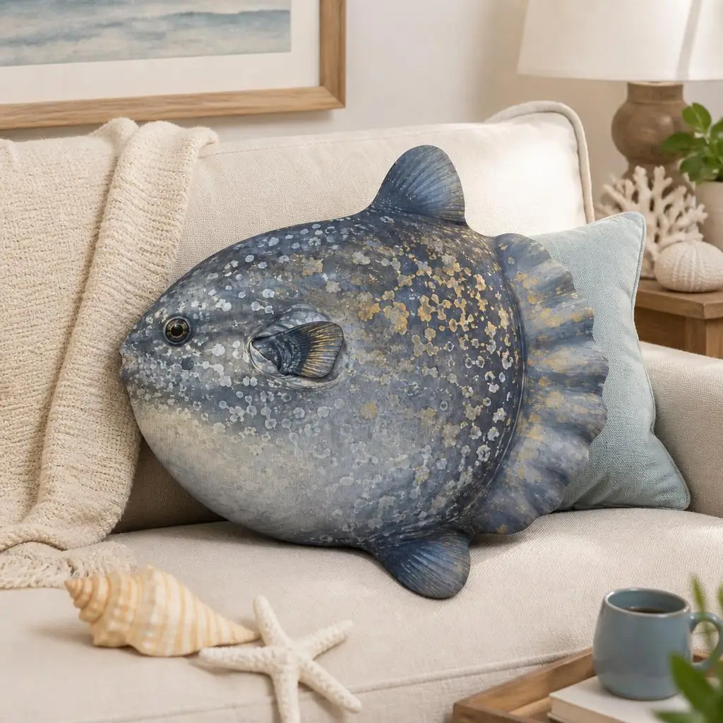 Ocean Sunfish Plush Pillow Mola Mola Shaped Cushion Marine Fish Throw Pillow Aquarium Lover Coastal Wildlife Home Decor Gift