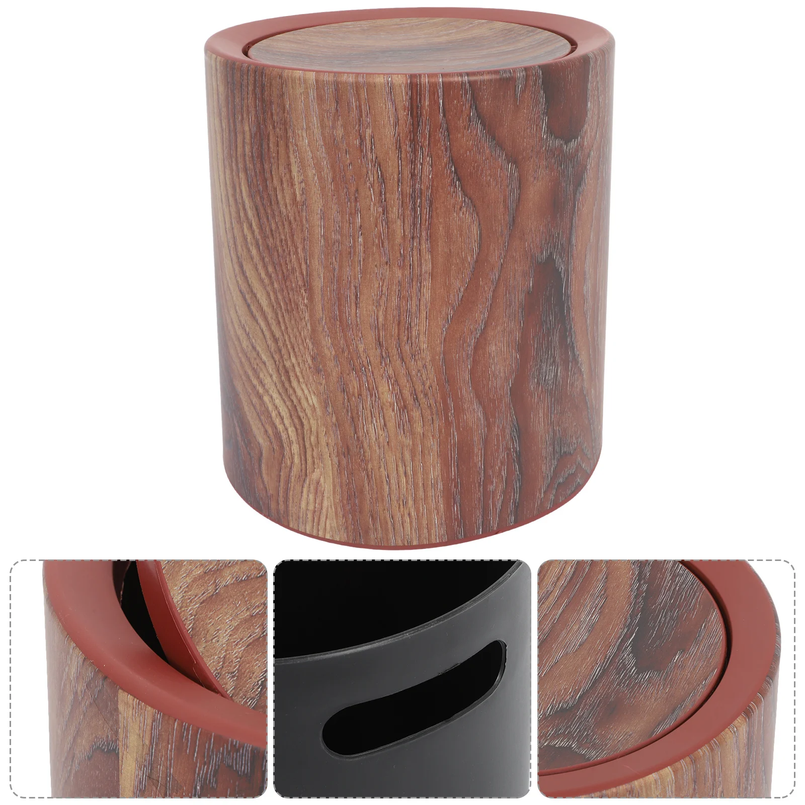 

Wood Grain Trash Can Flip Lid Moderate Capacity Plastic Round Wastebasket Bin Office Kitchen Bathroom Garbage Container
