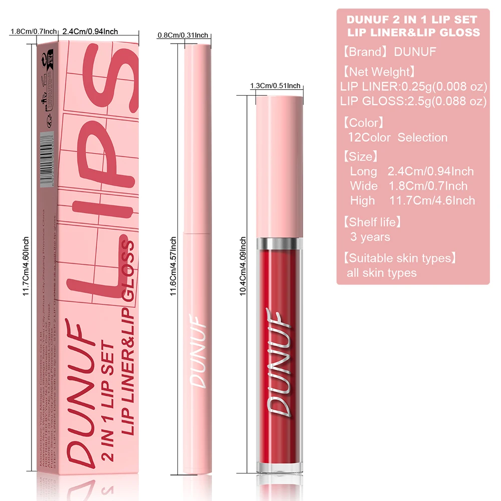 DUNUF Lip Gloss Lip Liner Set Set da 2 pezzi Durevole Facile da colorare Tazza antiaderente impermeabile Set di lucidalabbra opaco resistente al sudore