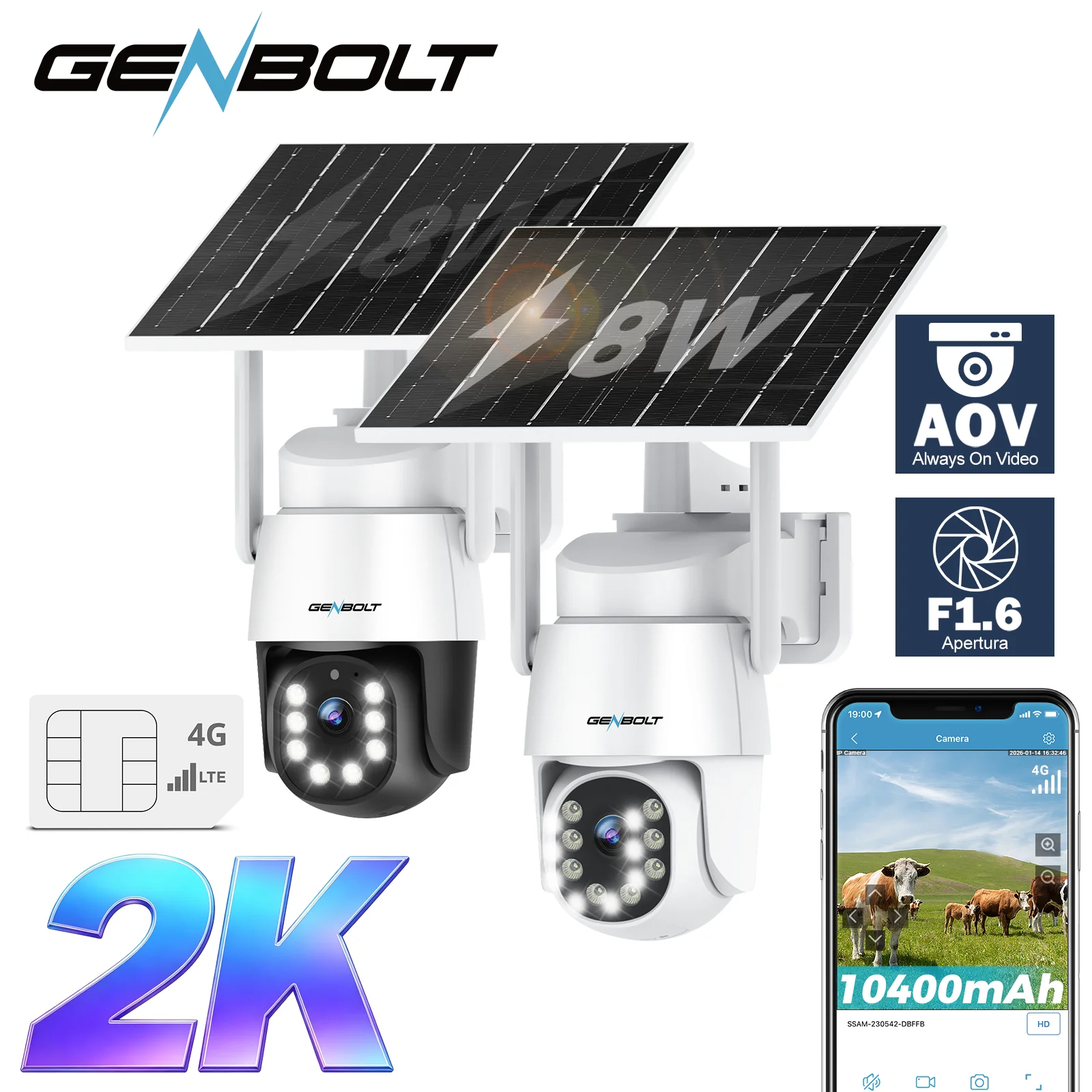 GENBOLT 2K – zewnętrzna kamera bezpieczeństwa zasilana energią słoneczną, 4G lub Wi-Fi, kamera IP z funkcją PTZ, 24-godzinne nagrywanie, detekcja AI, zasięg 90 stóp, do monitoringu domu.