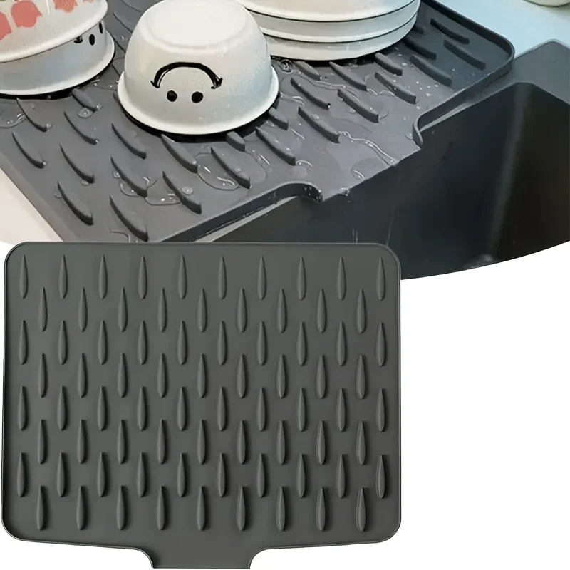 Heat Resistant Silicone Dish Drying Mat Raised Water Guide Groove Drainage Tray Kitchen Sink Countertop Anti-Slip Cup Bowl Plate