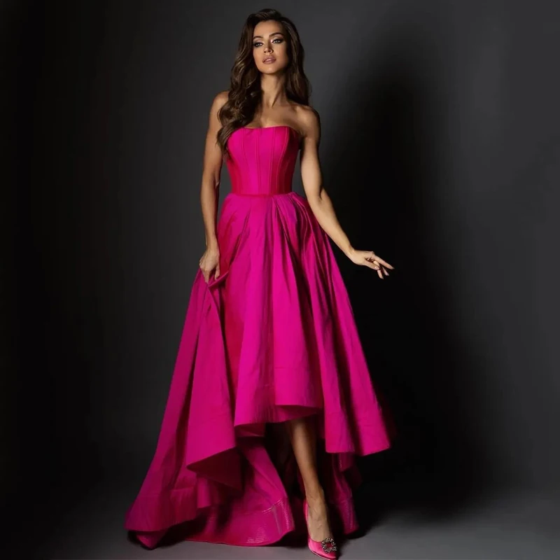 

Thinyfull Sexy A-Line Prom Dresses Strapless High Low Satin Evening Dress Formal Saudi Arabia Cocktail Party Gowns Custom Size