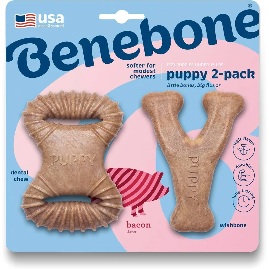 Benebone Puppy 2-Pack Dental Chew Wishbone Dog Chew Toys Made in USA Real Bacon Flavor