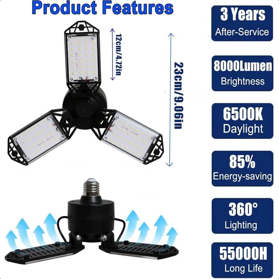 LED Garage Light 80W 8000 Lumen Ceiling Lights with 3 Adjustable Panels 6500K Daylight Light Bulb Fixture LED Lights for Garage