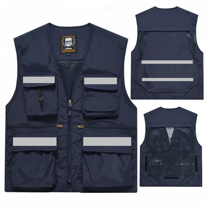 Large Size Men's Vest Embroidered Custom Logo Reflective Vest Multi-pocket Working Vest Camping Sport Hunting Sleeveless Jacket