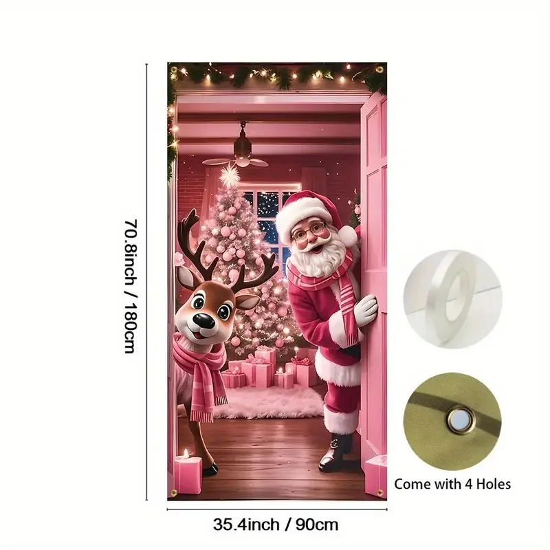 VIKAMA Pink Christmas Door Curtain, Santa & Reindeer Print Half-Curtain Room Divider for Bedroom Entryway Home Decoration