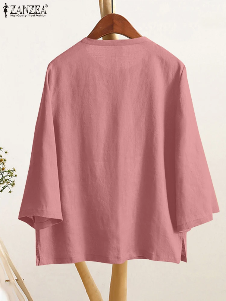 ZANZEA Vintage O cou Blouse solide coton 3/4 manches tenue quotidienne Blusas Mujer 2025 printemps été décontracté ample plaine haut pour femme