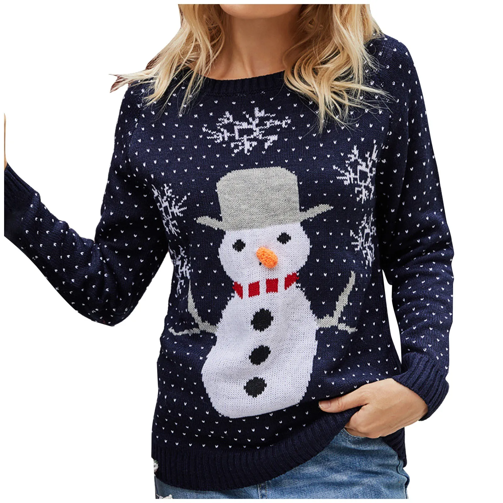 Christmas Women\'s Snowman Pattern Sweater Ugly Xmas Round Neck Long Sleeve Knit Pullover Cardigan Oversize Color Block Knitwear