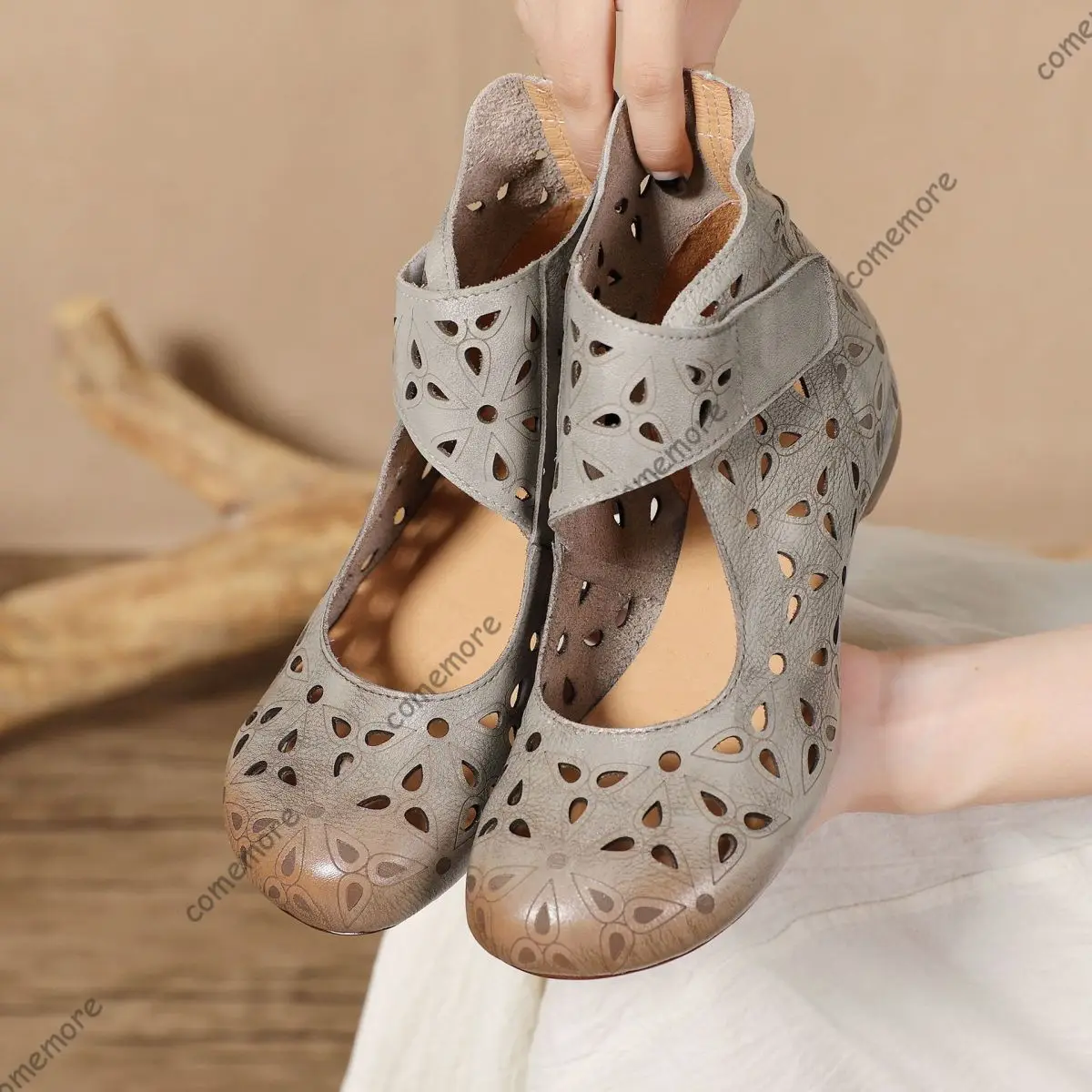 

Comemore, новые летние ботильоны в этническом стиле, сандалии для мам на толстом среднем каблуке, серые удобные короткие ботинки в стиле ретро