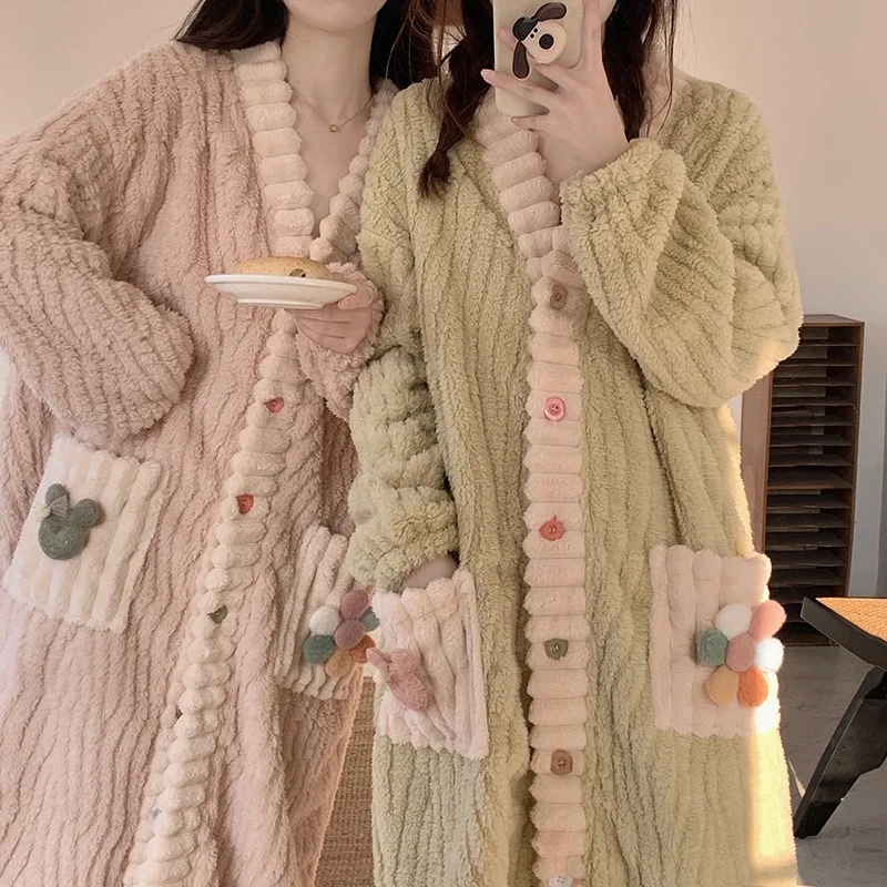 

Thickened Warm Flannel Women Sleepwear Loungewear Cardigan Suit Winter Sweet Kawaii Soft Fairy Wind Ladies Pajamas Homewear