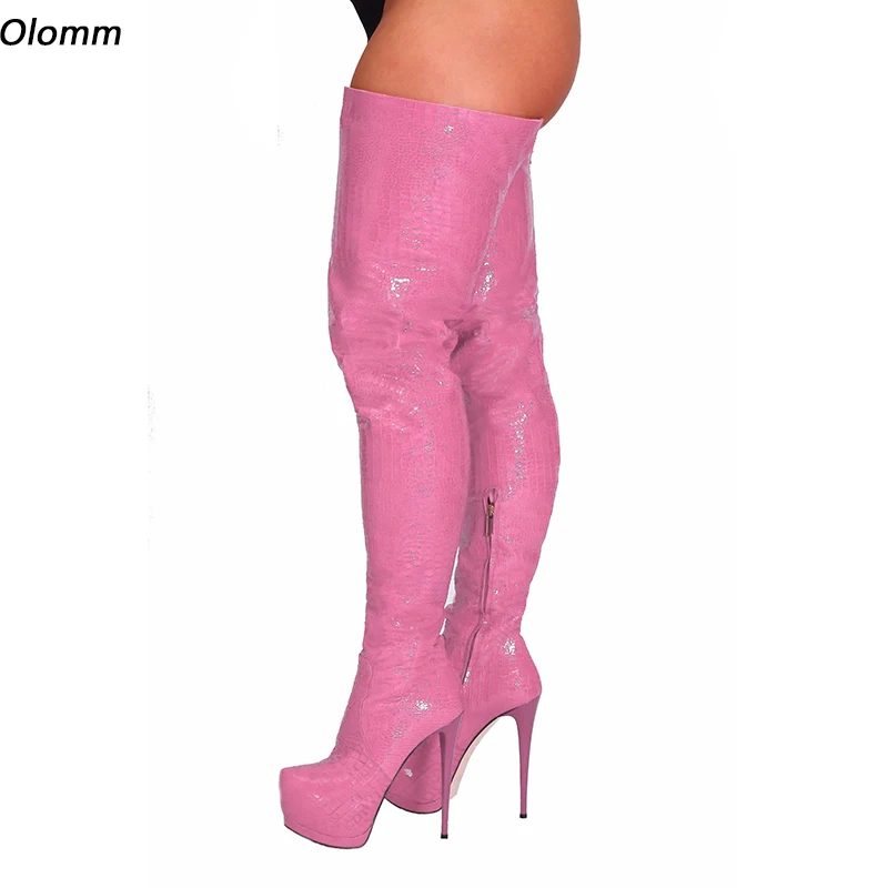 

Olomm Handmade Women Winter Crotch Boots Platform Sexy Stiletto Heels Round Toe Gorgeous Pink Red Night Club Shoes US Size 5-20
