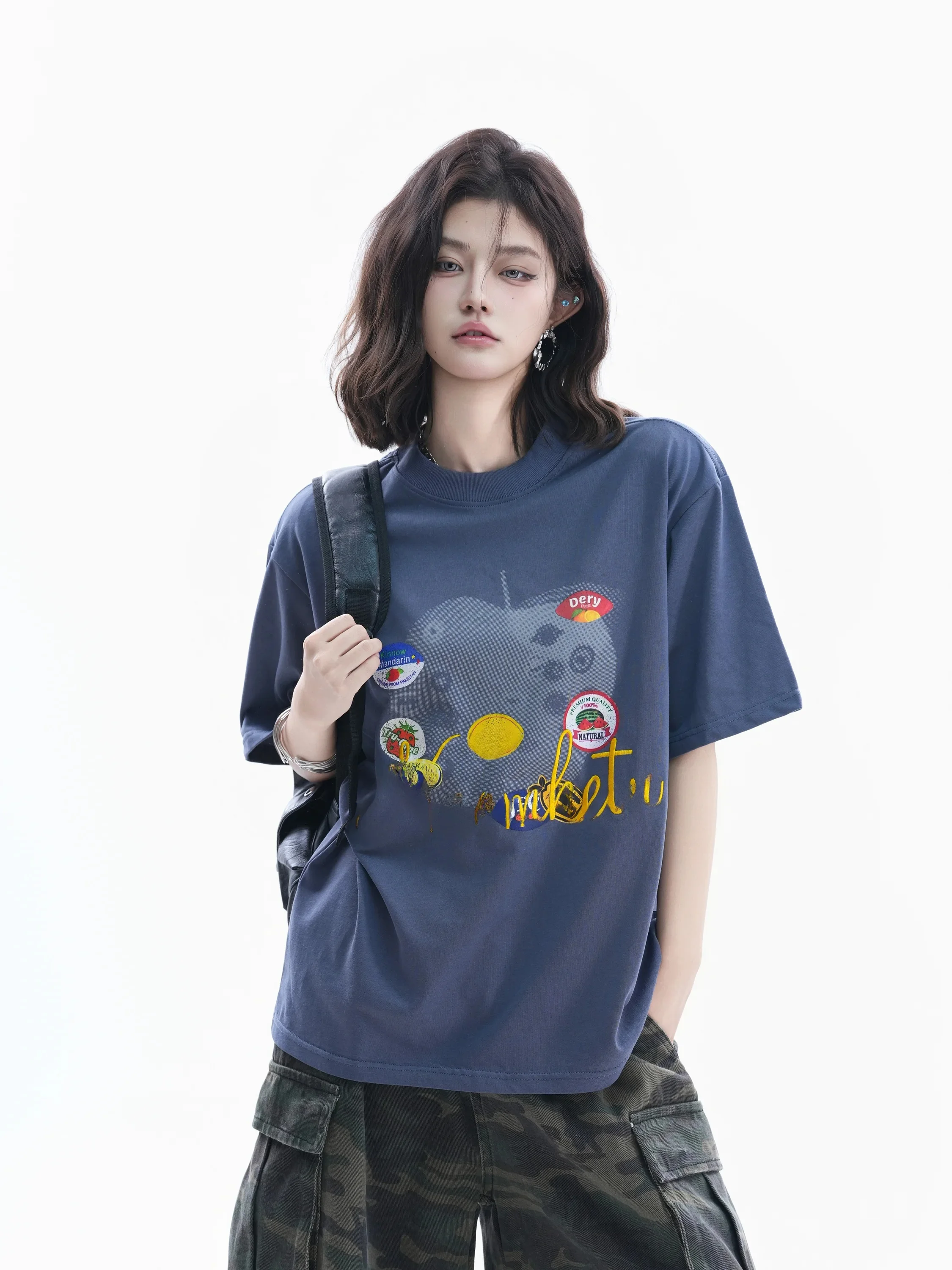 

Retro Badge Printed Embroidered Short Sleeve Loose Women's T-shirt Casual Style Cotton round Neck Regular Length Top