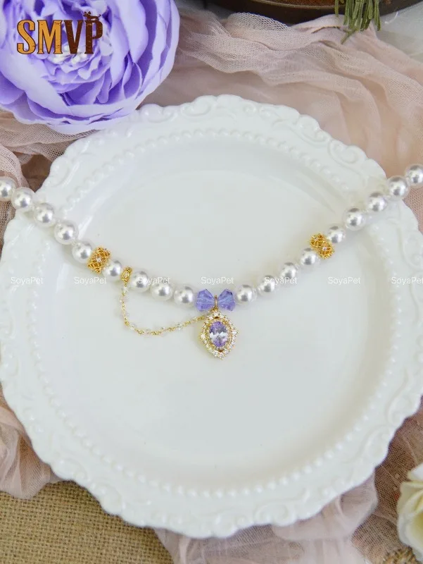 Elegant Luxury Faux Pearl Pet Collar Delicate Purple Zircon Pendant Adjustable Fashion Necklace for Pet Party Special Occasions