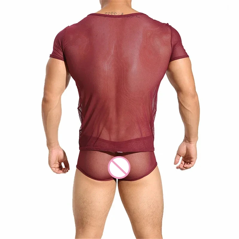 

Mesh Tight Men's Underwear Short Sleeve See Through Elastic T-shirt Top&transparent Erotic Boxer Shorts Men Sexy Undershirts Set