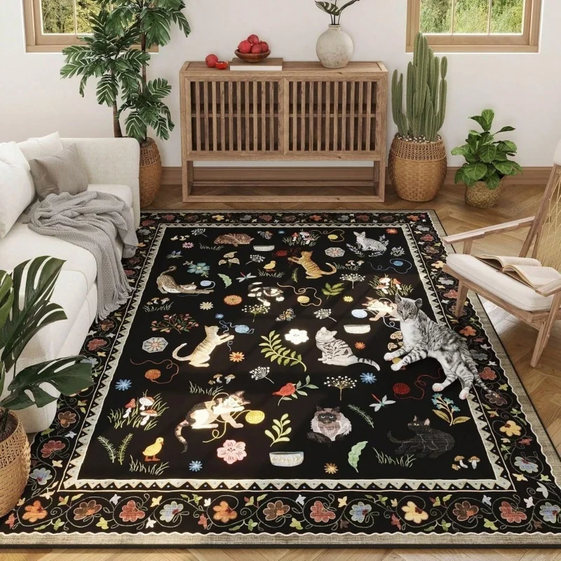 Beige Vintage Cartoon Cat Wildflower Border Large Felt Area Rug Non Slip Farmhouse Living Room Floor Carpet