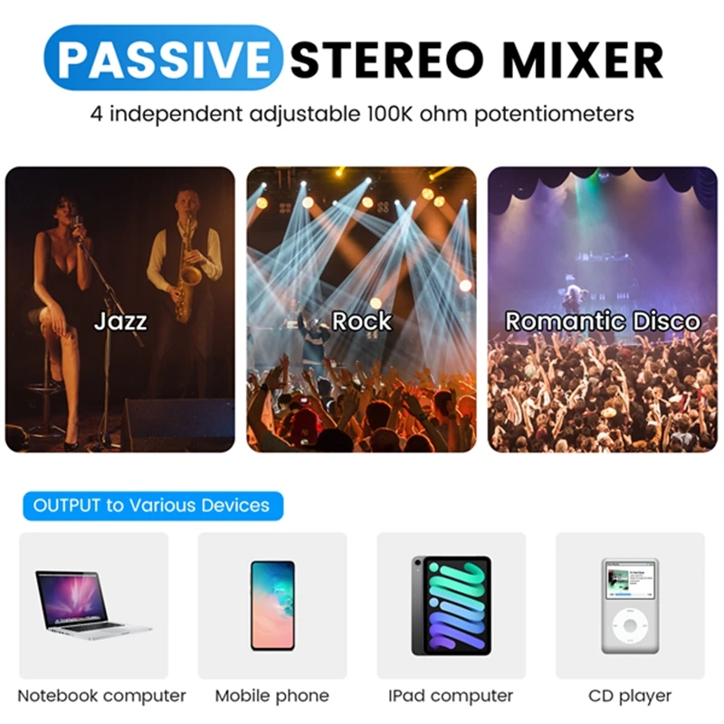 N91R-Mini Stereo Audio Mixer 4-Channel Passive Mixer Portable Audio Mixer Lotus Socket Input For Live Studio CD Players