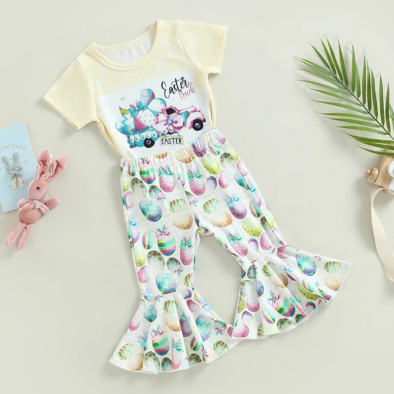 

Cute Easter Bunny Girls Outfit Set with Floral Print Short Sleeve Top and Ruffle Hem Pants 2 Piece Suit for Kids