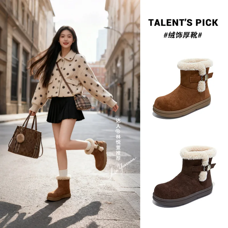 Lamb wool warm snow boots women's 2025 winter new thickened velvet short boots casual versatile retro boots women