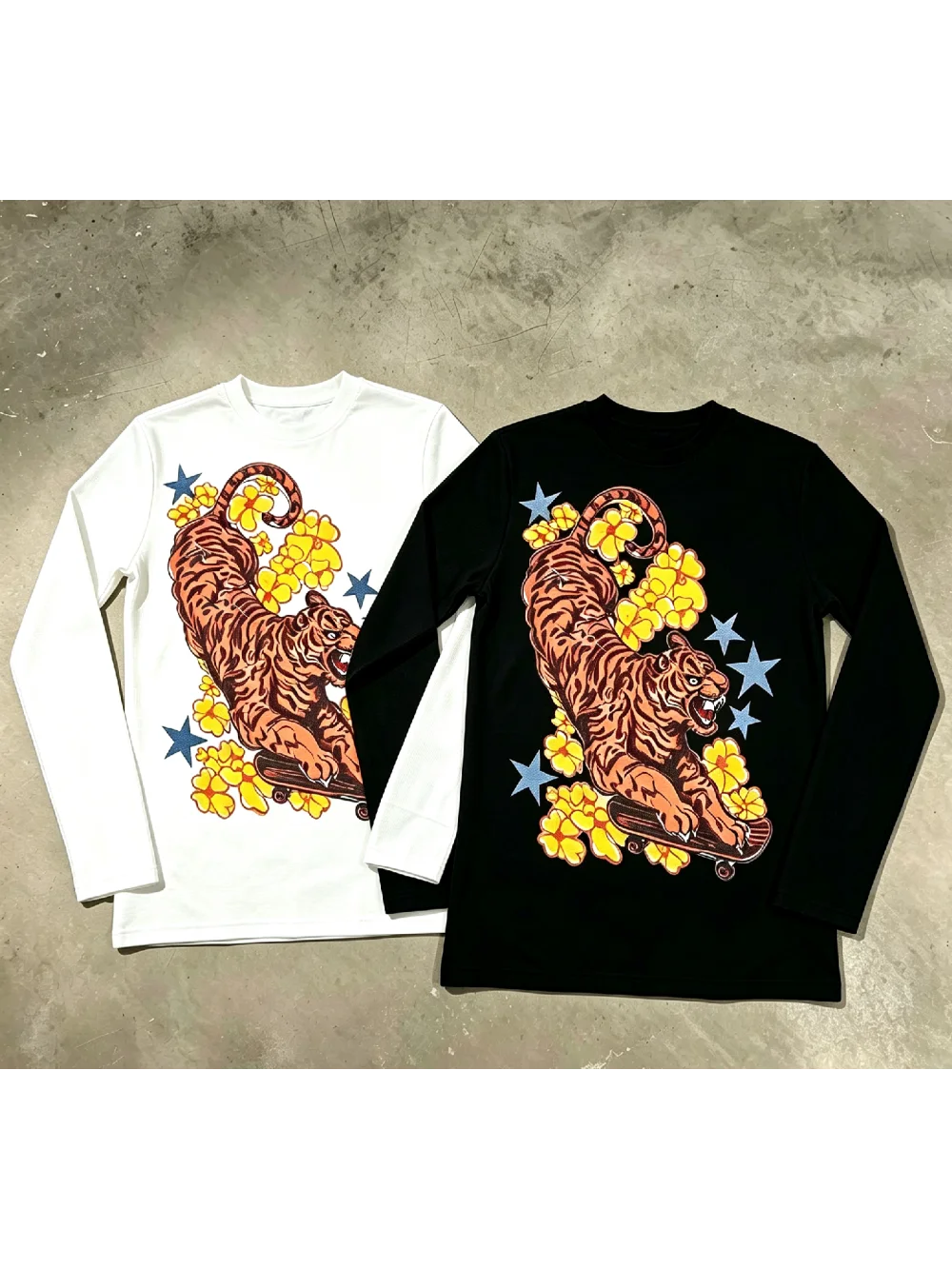 Autumn New Retro Punk Subculture Skateboarding Tiger Pattern Waffle Fabric Long Sleeve Top Casual Street Trendy Niche Unisex Ins