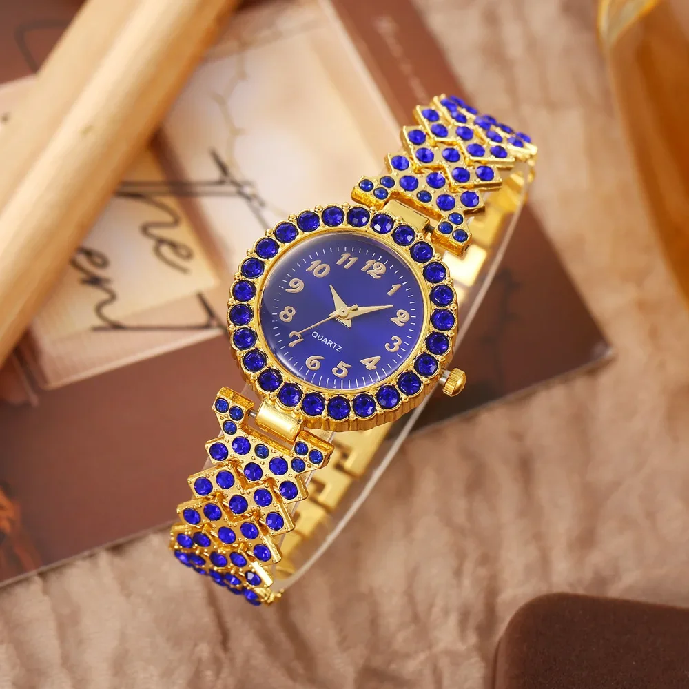 Gold Tone Full Rhinestone Women Quartz Watch Red Dial Metal Bracelet Bling Ladies Dress Wristwatch