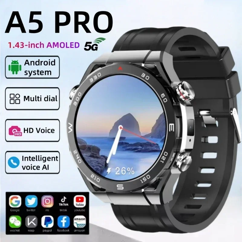 

2025 New A5 Pro 4G Smartwatch: Android OS, AMOLED Touchscreen, 2MP Camera, GPS Navigation, WiFi, Heart Rate/Sleep Monitor