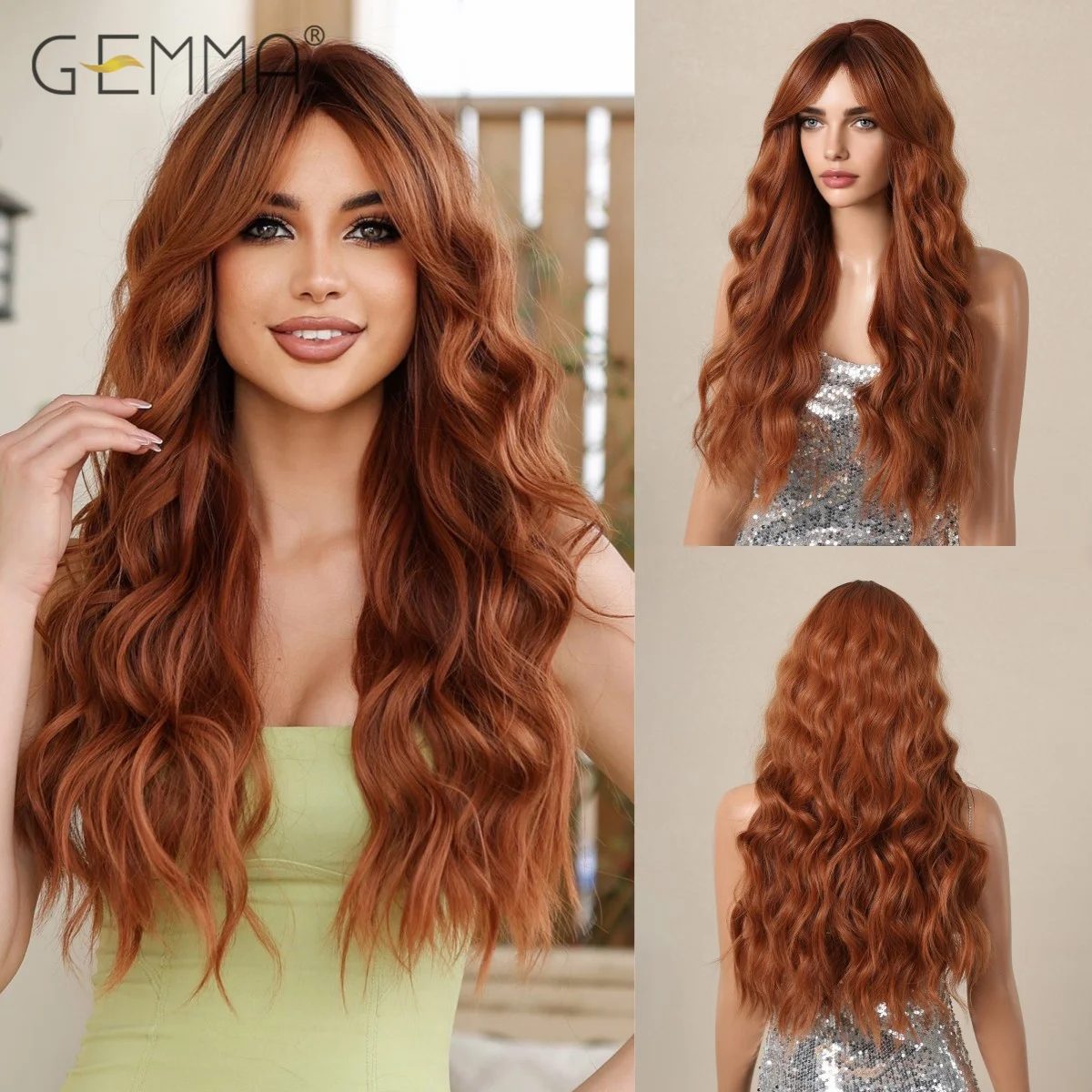 

Copper Red Long Wavy Wig with Bangs Synthtic Natural Wave Red Brown Cosplay Party Daily Hair Wigs for Women Heat Resistant Fibre