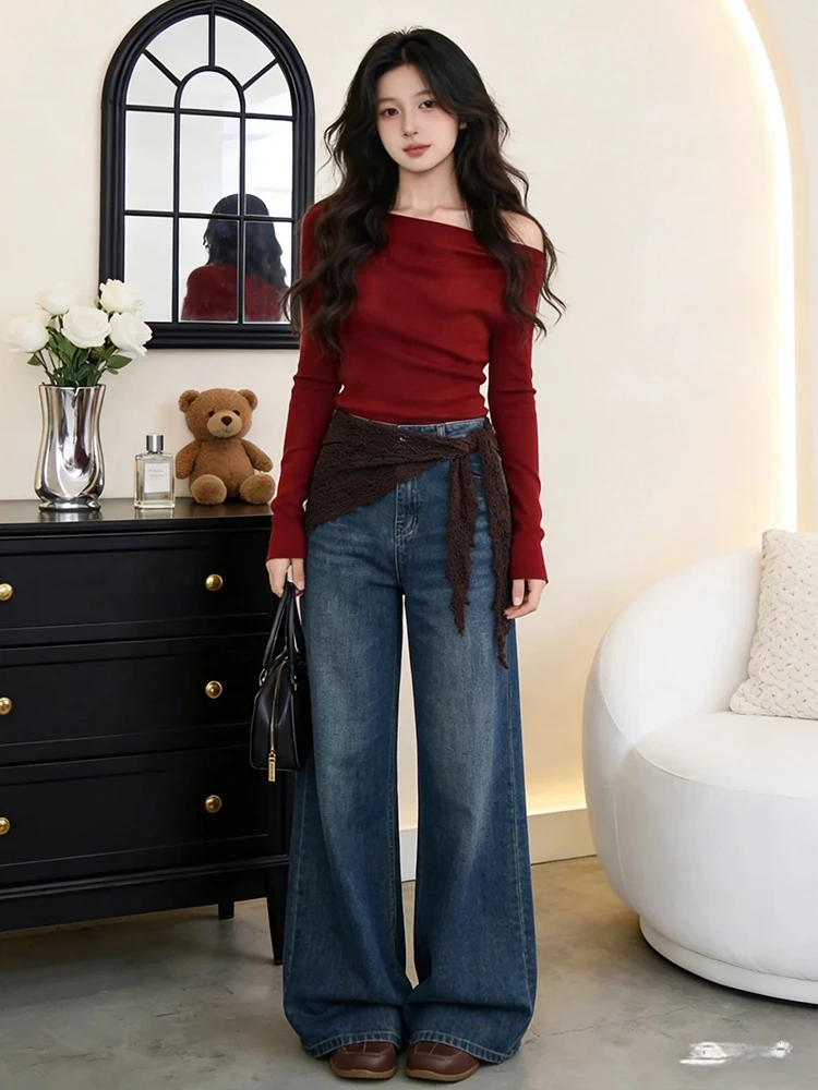 

American Sle High Waist Casual Versatile Women's Jeans Spring 2026 New Wide Leg Long Pants with Butt Curtain