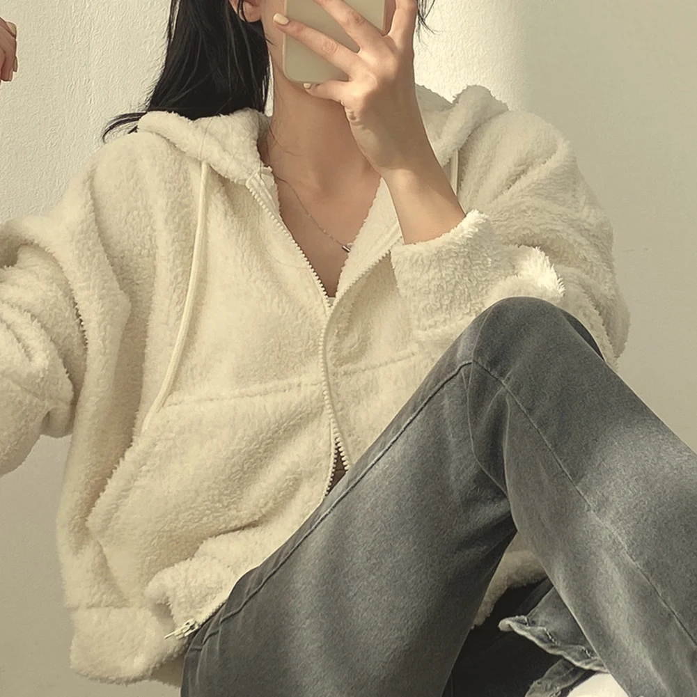 Womens Casual Cropped Hooded Jacket Polyester Material Lamb Fleece Lining Lightweight Warm Layer for Any Season