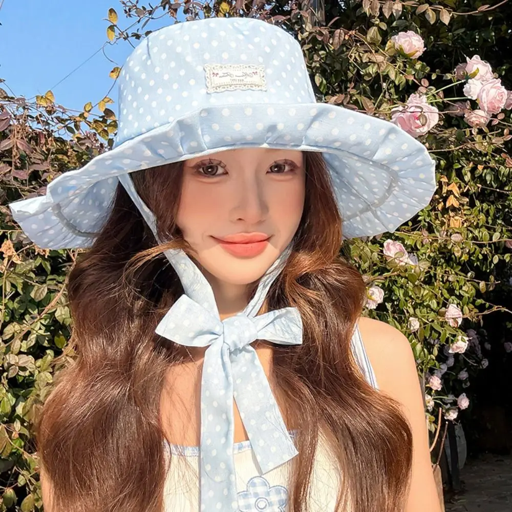 Casual Polka Dot Women Fisherman Hat Ribbon Red Summer Sun Hat Lace Wide Brim Sunshade Hat Outdoor