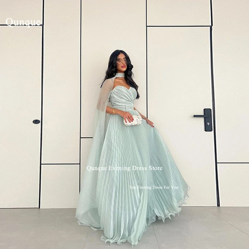 

Qunque Mint Green Crepe Prom Dresses Exquisite Scarf Shawl Sleeves Formal Occasion Gown With Belt Saudi Arabia Robes De Soirée