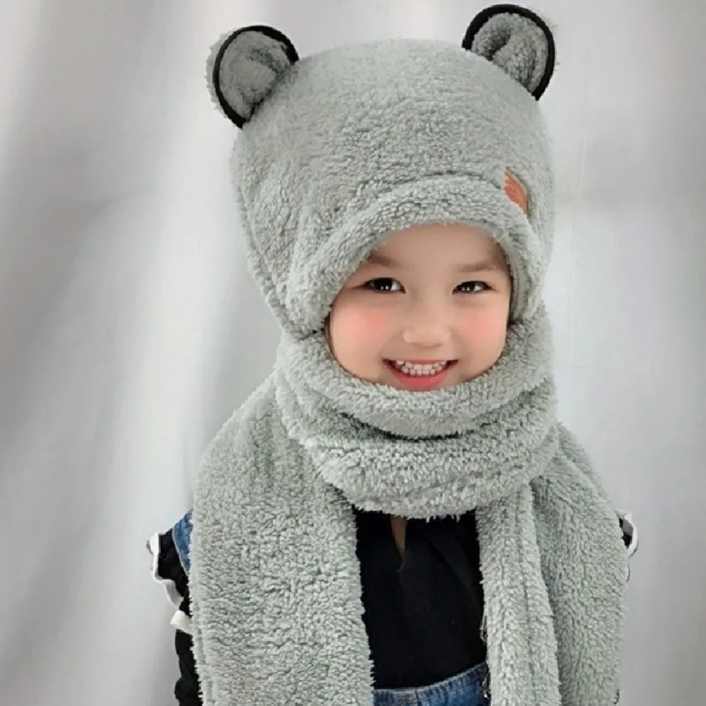

New Cute Bear Ear Hat Scarf Gloves Set Windproof Thicken Kids Beanies Caps Winter Warm Plush Ear Protection Hat
