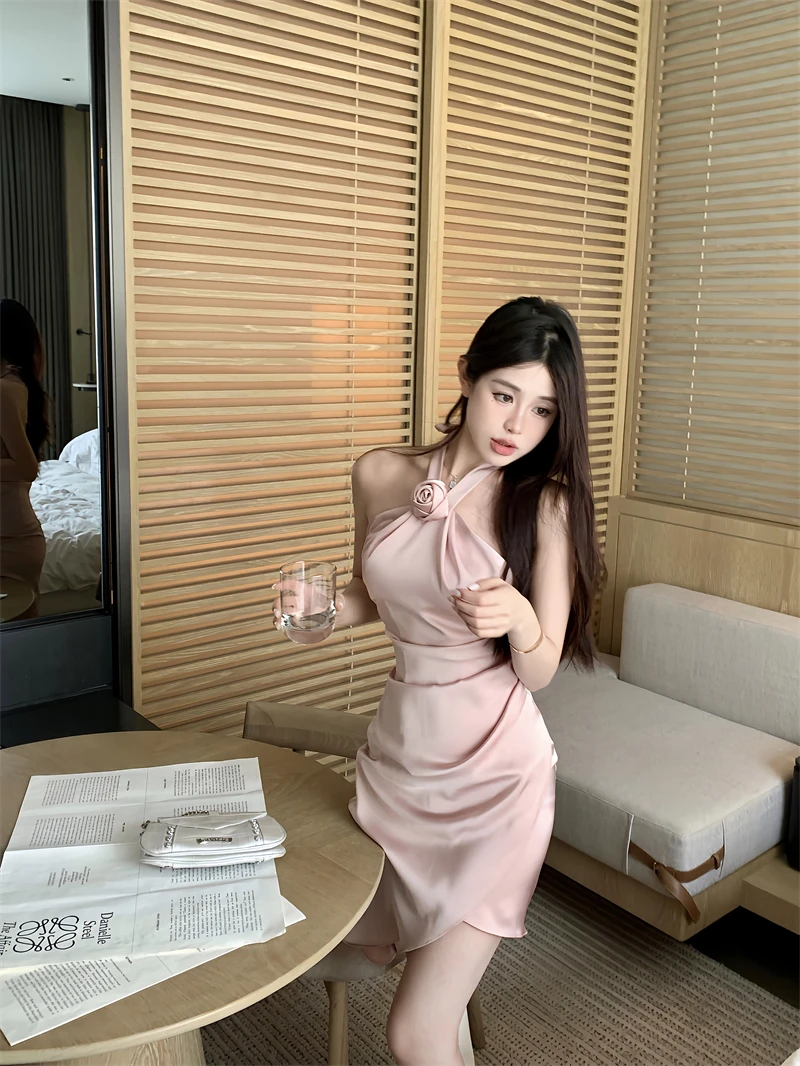 Sexy Backless Rose Flower Sleeveless Off Shoulder Female Clothing Elegant Party Sweet Casual Woman Satin Pink Mini Dress Summer