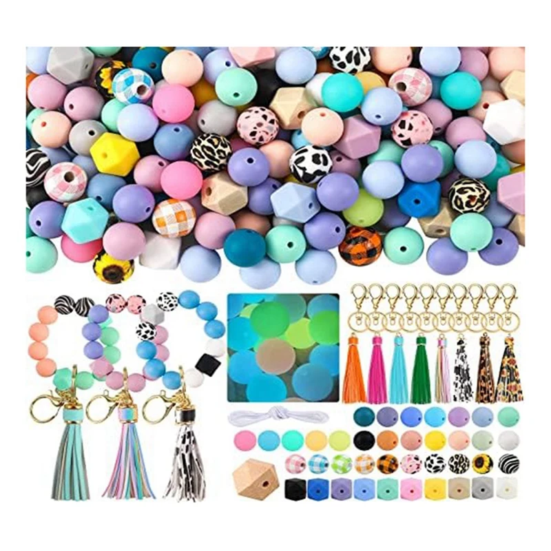 

221Pcs 15Mm 15Mm Bulk Silicone Rubber Keychain Beads With Tassels And Key Chain Spare Parts For DIY Keychain Making Supplies