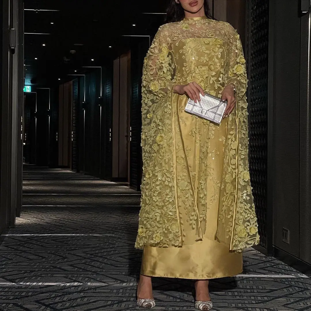 Vestidos de fiesta de tubo hasta el tobillo personalizados, envolturas de encaje de flores hechas a mano, vestidos de fiesta de noche para invitados de boda 2023