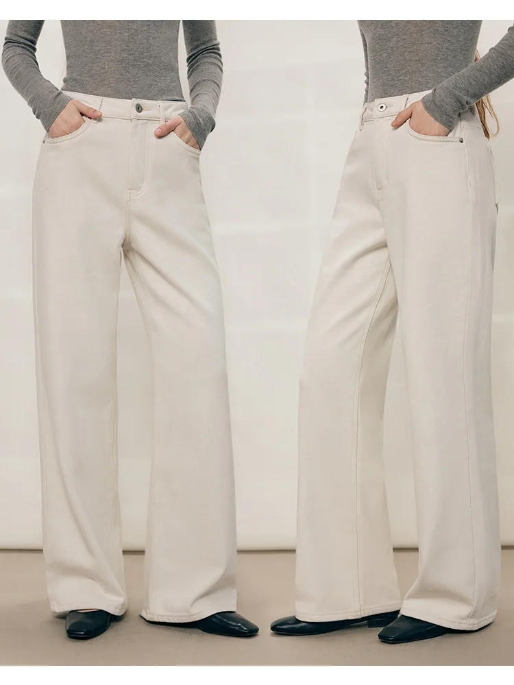 

Autumn Winter Fleece Lined Fashionable Straight Retro Washed Cotton Slimming Simple Elegance Casual Denim Jeans Women
