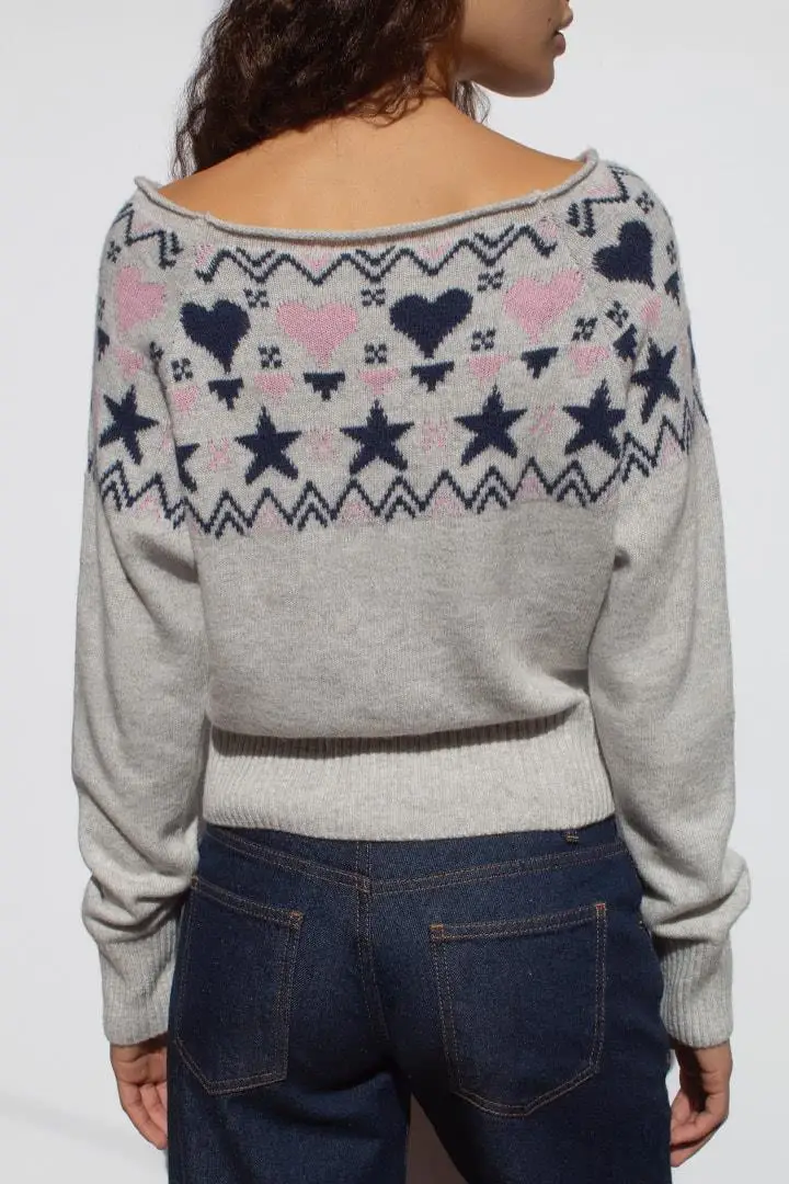 เสื้อสเวตเตอร์ไหล่เดียวสไตล์หวานและเท่, เสื้อสเวตเตอร์ถักลายดาวรักของผู้หญิง, เสื้อสีตัดกันสไตล์เรโทรอเมริกัน