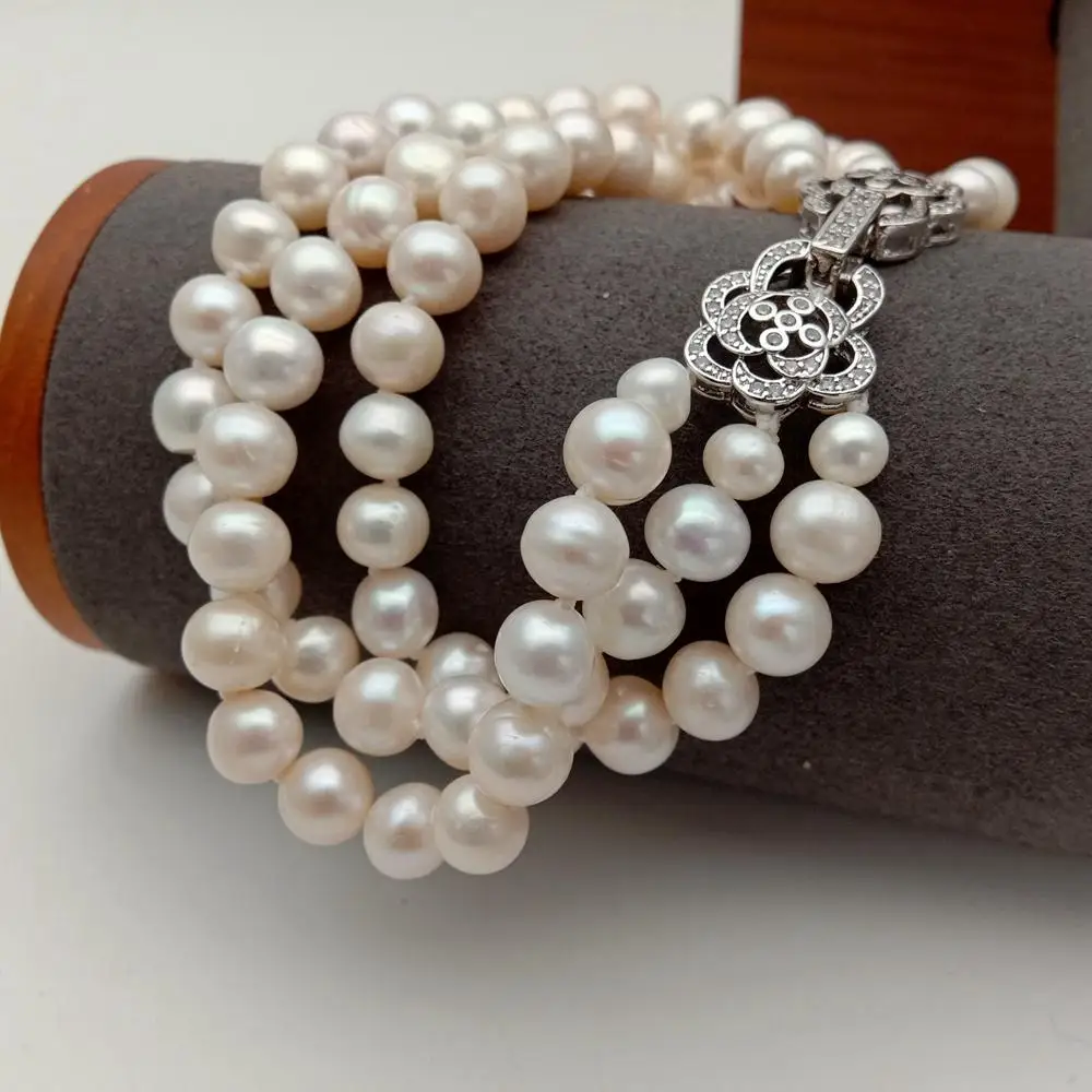 

3Strands 7-8mm Cultured White round freshwater Pearl Bracelet Handmade Ladies Wedding Vintage Jewelry Exquisite Gift