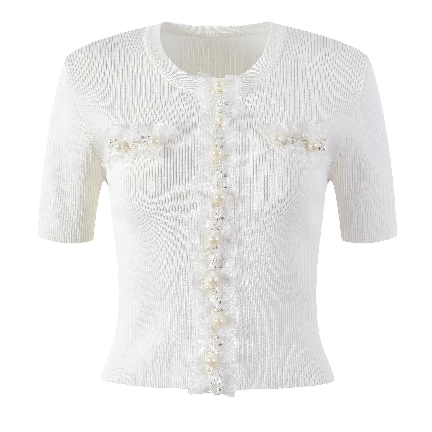 

Ele ort Sve T-irt Lace Patchwork Slim Fit Diamond Knitted Top High-End Sensation Summer Faion Ladies' Premium Kn...