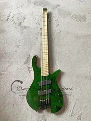 Factory Headless 4 Strings Electric Guitar Bass Ash Wood Body Green Maple Burl Top Maple Fretboard Fanned Frets Customizable