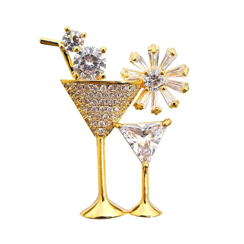 Creative Cocktail Glass Brooches for Women Cubic Zircon Copper Luxury Brooch Pins Dress Coat Sweater Accessories Jewelry Gifts