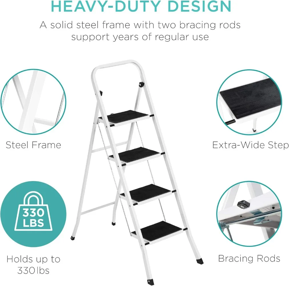 4-Step Portable Folding Heavy-Duty Steel Ladder w/Hand Rail, Wide Platform Steps, 330lbs Capacity