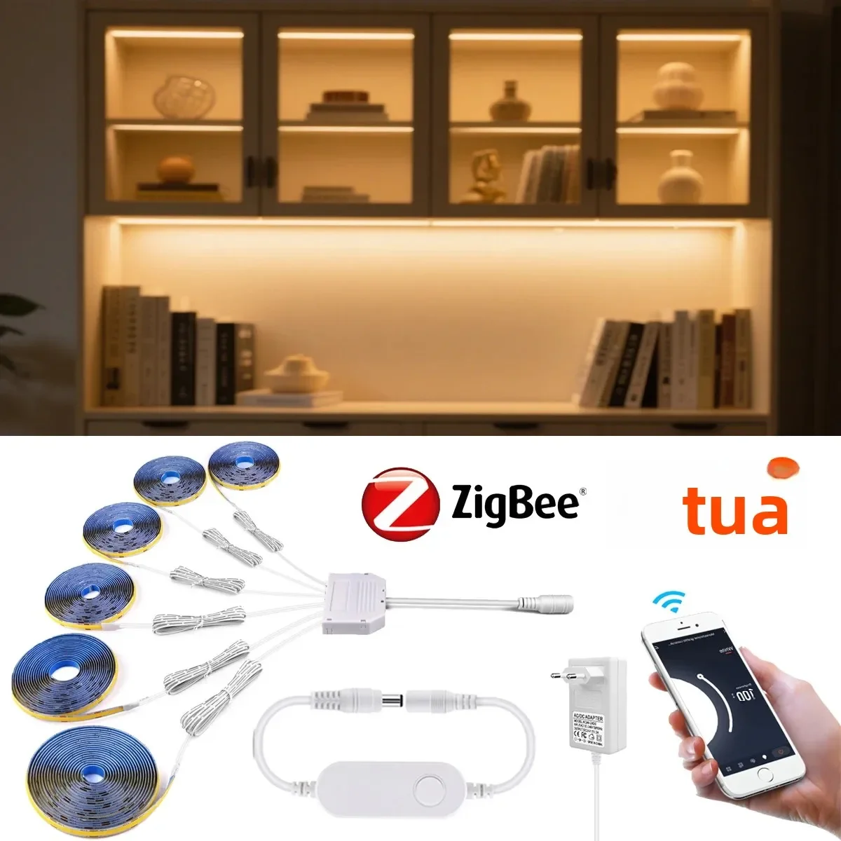 12v zigbee 3.0 cob luz de tira led 1m-2m,320leds/m diy iluminação de cozinha decoração do armário trabalho com tuya/smartthings, alexa/google