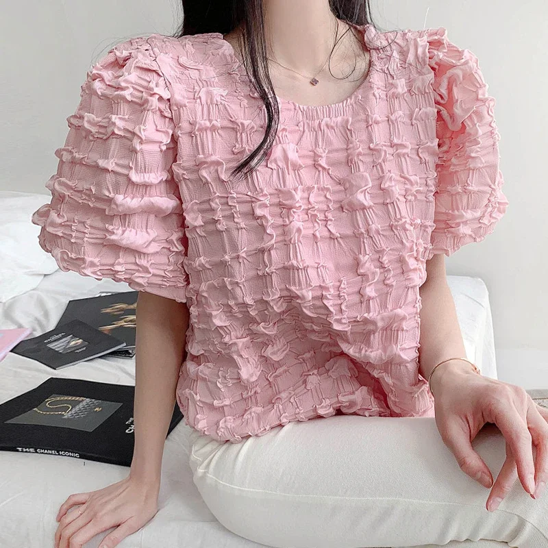 Neploe French Niche Sweet O-Neck Blusas 2024 Summer Solid Color Plaid Blouses Femme Loose Casual Versatile Puff Sleeve Shirt