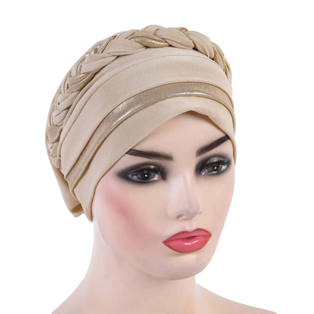 Shinny Braid Hijabs for Women Muslim Woman Turban Chemo Cap Hat for Party Elegant Islamic Head Wraps Elastic Hijab Bonnet Beanie