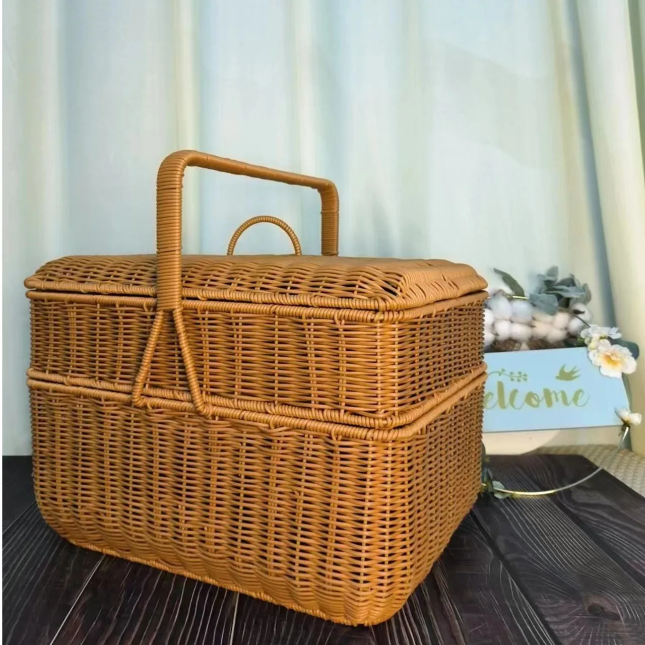 Outdoor picnic double-layer worship basket imitation rattan woven suitcase with large capacity vegetable and fruit basket with l