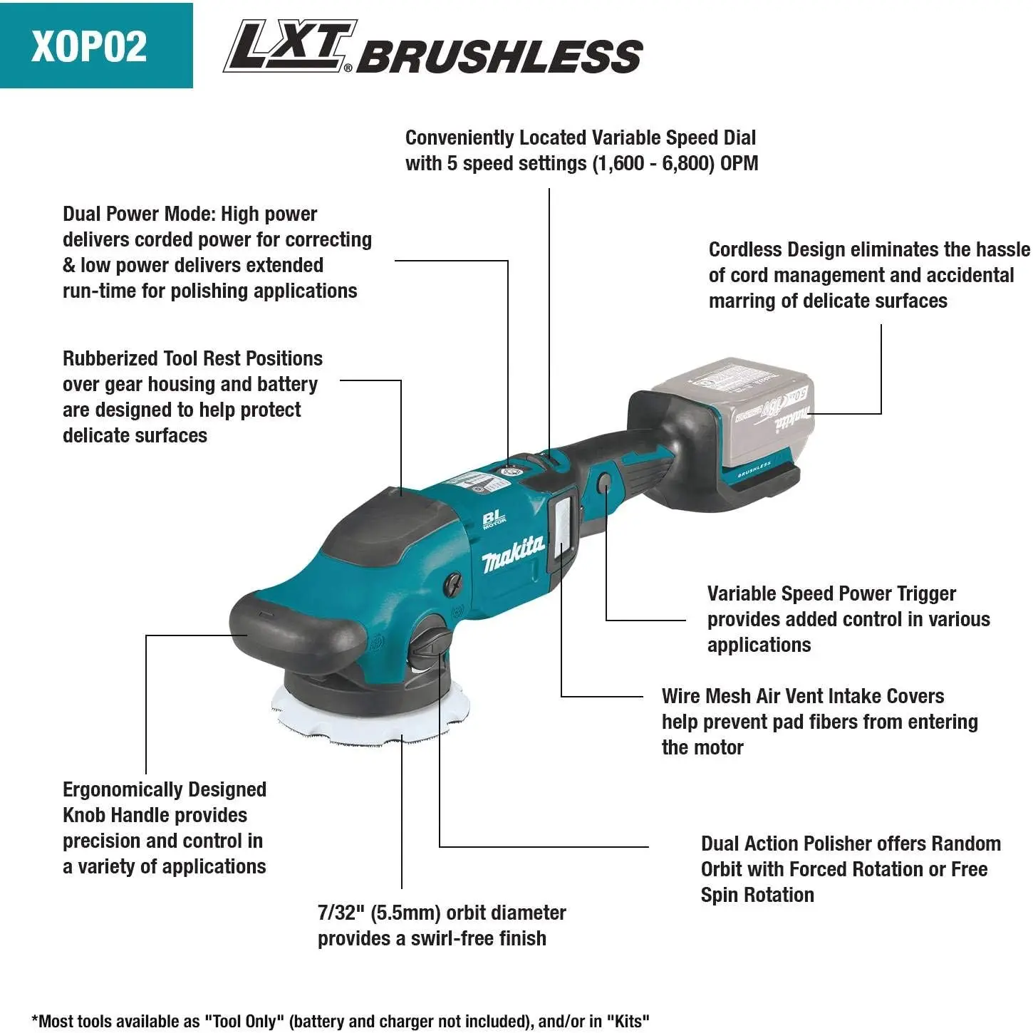 Makita XOP02Z, 18V, LXT®Polisseuse sans fil au lithium-ion, sans balais, 5 ", 6", action touristique, polisseuse orbitale aléatoire, outil uniquement