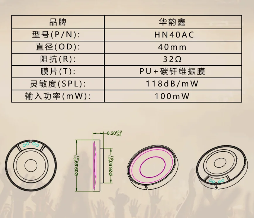 40mm speaker unit neodymium magnet CCAW 20 core paper tube voice coil with PU + carbon fiber diaphragm