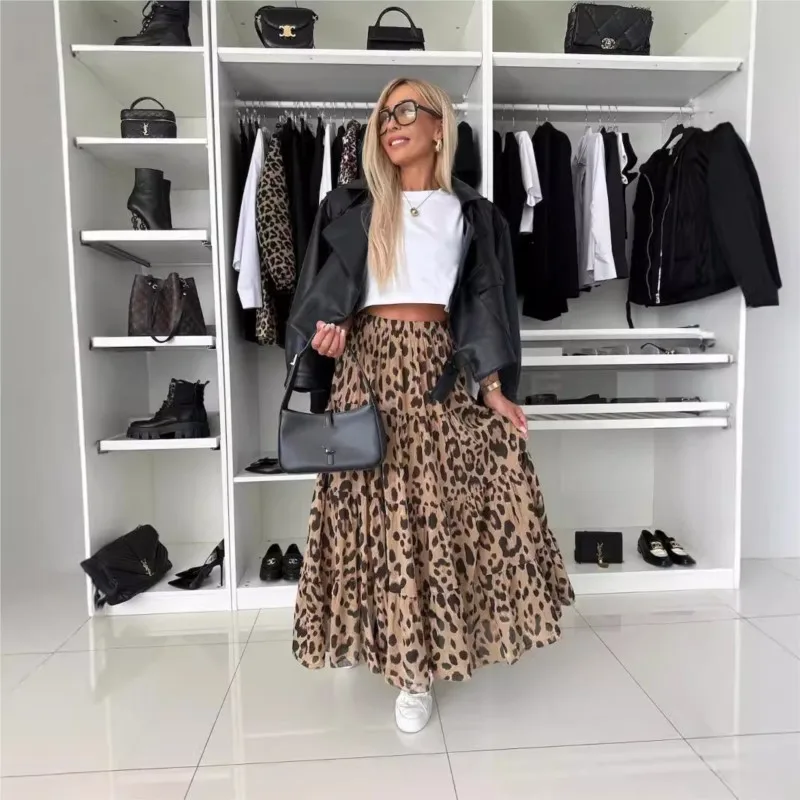 

Fall Vintage High Waist Skirt Woman Elegant Leopard Print Skirts Women's Long Skirt Vacation Party Stylish Long Skirts For Women