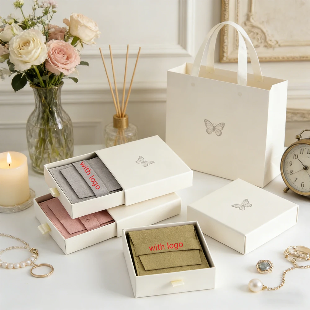 

Personalization 10x10x2.5cm Thick Cardboard Jewelry Sliding Out Drawer Box Earring Necklace Microfiber Envelope Bag Wedding Gift