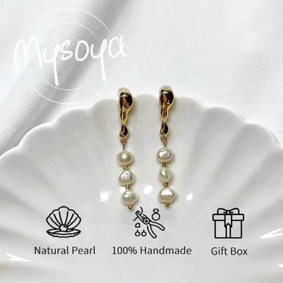 

MYSOYA Natural White Baroque Pearl Stud Earrings 6-8mm Irregular Pearl Jewelry With Gift Box Perfect For Birthday Wedding Gift